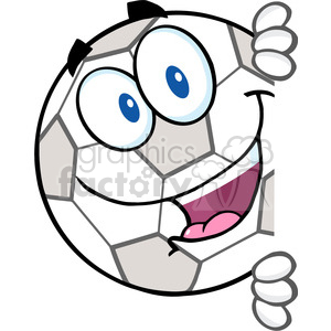 clipart - 7362 Royalty Free RF Clipart Illustration Happy Soccer Ball Cartoon Character Looking Around A Blank Sign.