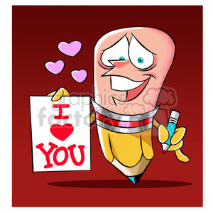 clipart - woody the cartoon pencil character holding an i love you sign.