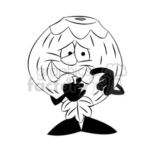 cartoon coconut character mascot charlie sad about cut leaf black white clipart.