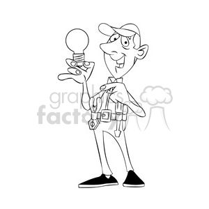 felix the cartoon handy man character holding a lightbulb black white clipart.
