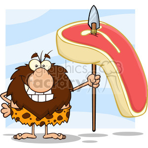smiling male caveman cartoon mascot character holding a spear with big raw steak vector illustration clipart.