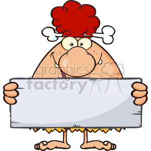funny red hair cave woman cartoon mascot character holding a stone blank sign vector illustration clipart. Commercial use icon # 399084