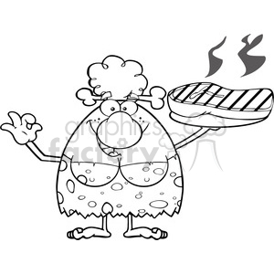 black and white chef cave woman cartoon mascot character holding up a platter with big grilled steak and gesturing ok vector illustration clipart. Royalty-free image # 399094