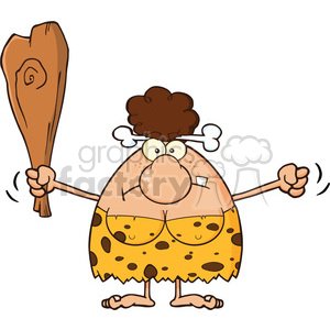 grumpy brunette cave woman cartoon mascot character holding up a fist and a club vector illustration clipart. Commercial use image # 399114