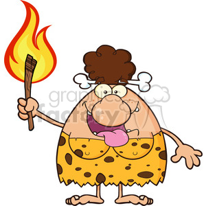 clipart - 10021 smiling brunette cave woman cartoon mascot character holding up a fiery torch vector illustration.