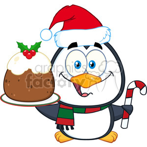 royalty free rf clipart illustration cute penguin cartoon character holding christmas pudding and candy cane vector illustration isolated on white .