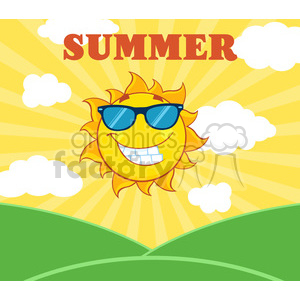 royalty free rf clipart illustration sunshine smiling sun mascot cartoon character with sunglasses over landscape vector illustration with suburst background and text summer .