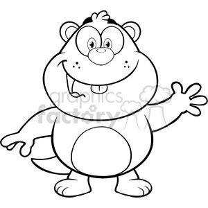 royalty free rf clipart illustration black and white happy marmot cartoon character waving vector illustration isolated on white
