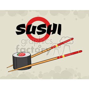 clipart - illustration sushi roll with chopsticks vector illustration with text and background.