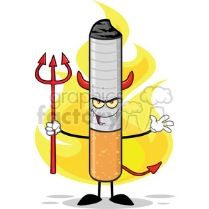 royalty free rf clipart illustration devil cigarette cartoon mascot character welcoming and holding a trident over flames vector illustration isolated on white background .