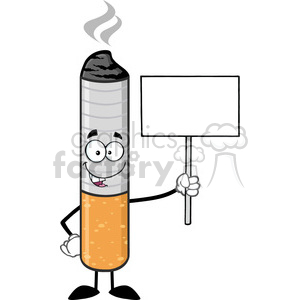 royalty free rf clipart illustration cigarette cartoon mascot character holding a blank sign vector illustration isolated on white background .