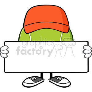 clipart - tennis ball faceless cartoon mascot character with hat holding a blank sign vector illustration isolated on white background.