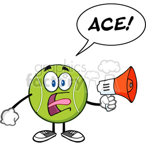 clipart - tennis ball cartoon mascot character an announcement into a megaphone with speech bubble and text ace vector illustration isolated on white.