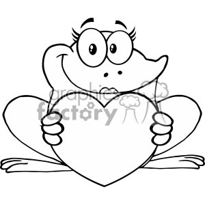10671 Royalty Free RF Clipart Black And White Frog Female Cartoon Mascot Character Holding A Heart Vector Illustration clipart.