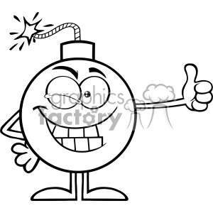10789 Royalty Free RF Clipart Black And White Winking Bomb Cartoon Mascot Character Giving A Thumb Vector Illustration