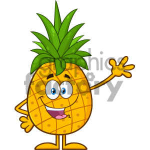 Royalty Free RF Clipart Illustration Happy Pineapple Fruit With Green Leafs Cartoon Mascot Character Waving For Greeting Vector Illustration Isolated On White Background clipart.
