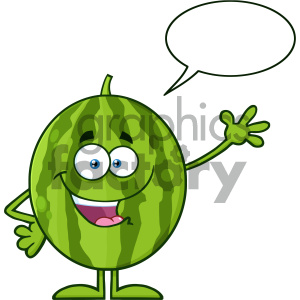 Royalty Free RF Clipart Illustration Happy Green Watermelon Fruit Cartoon Mascot Character Waving For Greeting With Speech Bubble Vector Illustration Isolated On White Background clipart. Royalty-free image # 404432