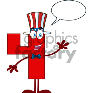 Happy Patriotic Red Number Four Cartoon Mascot Character Wearing A USA Hat Waving With Speech Bubble clipart.