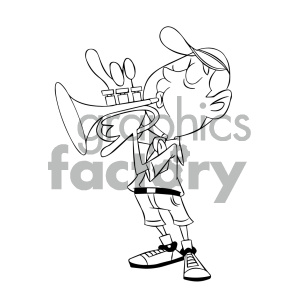 black and white cartoon boy scout character playing trumpet clipart.