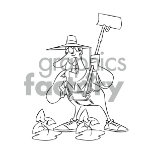 clipart - black and white cartoon farmer happy to see water royalty free vector art.