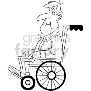 black and white cartoon senior in wheelchair clipart.