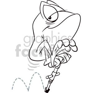 clipart - black and white frog using pogo stick cartoon character.