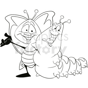 black and white caterpillar with butterfly cartoon