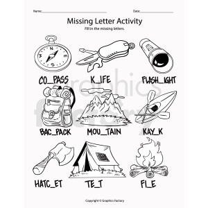 clipart - camping missing letter activity printable sheet.