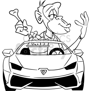 clipart - black and white cartoon ape eating chicken drving lambo clipart.