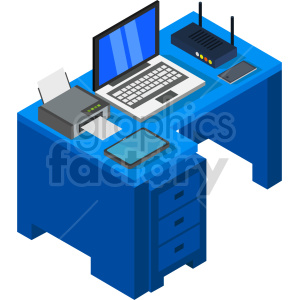 blue desk isometric vector graphic clipart.