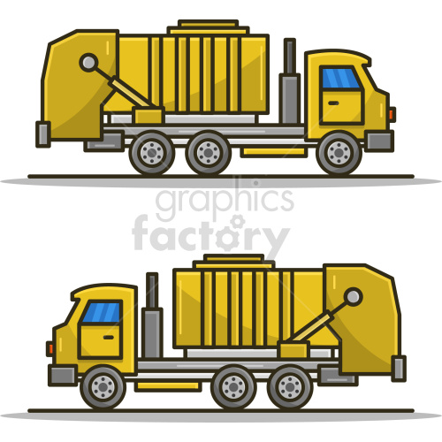 yellow garbage trucks vector graphic clipart.