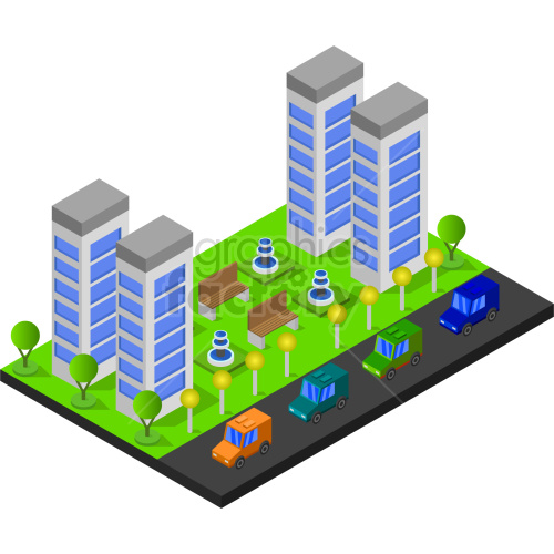 isometric city skyscrapers vector graphic clipart.