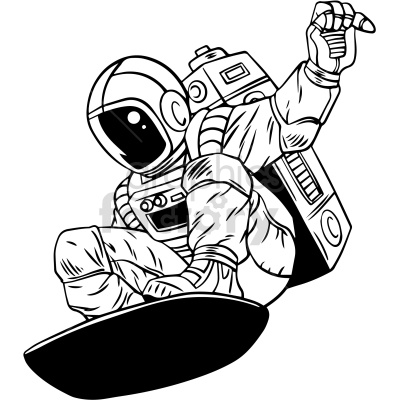 black and white astronaut on hoverboard clipart