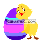 Animated cute Easter chick hugging egg clipart. Royalty-free image # 120414