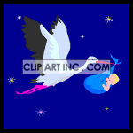 Animated stork flying in the sky with a baby boy animation. Commercial use animation # 120975