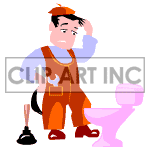 clipart - Plumber scratching his head thinking about fixing a toilet..