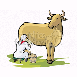 Farmer Milking The Cow into A Wooden Bucket clipart.
