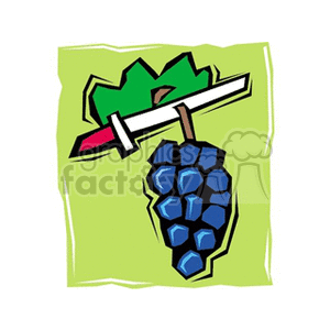 The clipart image shows a stylized depiction of a bunch of blue grapes with a green leaf and part of the grapevine or stem visible. The grapes are illustrated in a cartoonish style against a light green background.