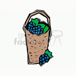 The image depicts a wicker basket filled with bunches of blue grapes. A few grapes appear to have fallen out of the basket, which is indicative of its fullness.