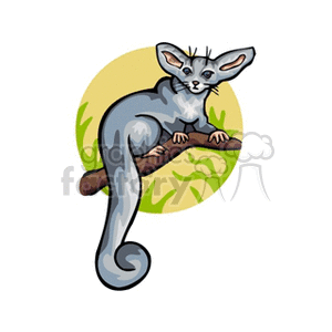 The image is a clipart illustration of a small, stylized rodent-like animal with features that resemble a chinchilla or mouse. It has large ears, a prominent tail, and is depicted sitting on a branch with a green circular background, which might suggest the animal is in a natural environment.