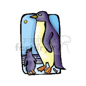 Penguin with chick standing under blue skies