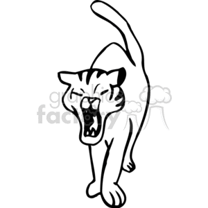 clipart - Black and white kitten stretching and yawning.