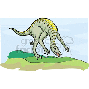 The image depicts a cartoon illustration of a dinosaur. The dinosaur appears to be bipedal, walking on two legs, with a long tail for balance, a large head with sharp teeth, and a series of spines or plates along its back. It is portrayed in a dynamic pose as if it is moving across a green landscape with a blue sky in the background.