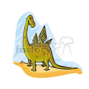 The image depicts a cartoon of a friendly-looking dinosaur standing on a patch of ground with a light blue background that may represent the sky. The dinosaur has a long neck, a tail, and spots on its back, along with diamond-shaped plates. It has a smiling expression, suggesting a non-threatening, playful character typically found in children's illustrations or animations.