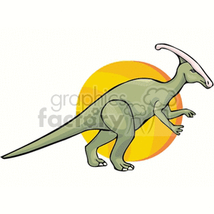 The image is a clipart illustration of a green dinosaur, which appears to be a Parasaurolophus given the distinctive backward-leaning crest on its head. The dinosaur is set against a background with a yellow and orange circle, possibly representing the sun.