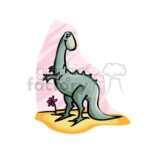 This image depicts a cartoon of a friendly-looking green dinosaur standing on a sandy surface with a small pink flower next to its feet. The dinosaur appears to be smiling and has a long neck, a row of spikes running down its back, and a tail. The background has soft pink stripes.