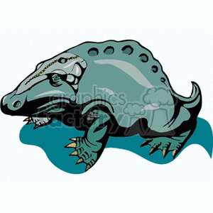 The clipart image features a stylized illustration of a dinosaur. The dinosaur appears to be quadrupedal, with a prominent body, a tail, and a head with a visible eye. It has a series of rounded protrusions or plates along its back and sharp-looking claws on its feet. The illustration uses a limited color palette, predominantly shades of blue and grey.