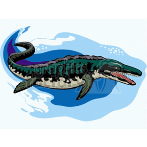 The clipart image shows a stylized illustration of a marine dinosaur swimming in the water. It's a representation of a prehistoric aquatic reptile, likely meant to depict a mosasaur or a similar type of ancient marine predator, given its body shape, flippers, and sharp teeth.