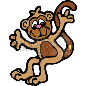 The clipart image shows a cartoon monkey with brown fur and a long tail. The monkey is standing upright and waving its hands in a friendly gesture, as if saying 
