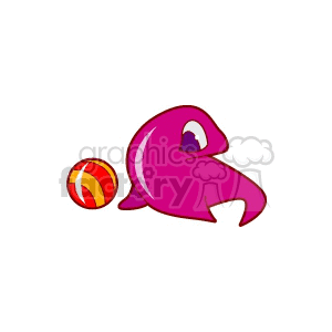 clipart - pink seal playing with yellow and red stripe ball.